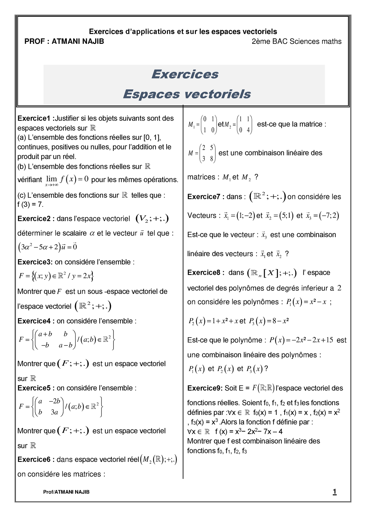 Exercices Espaces Vectoriels - Exercices D’applications Et Sur Les ...