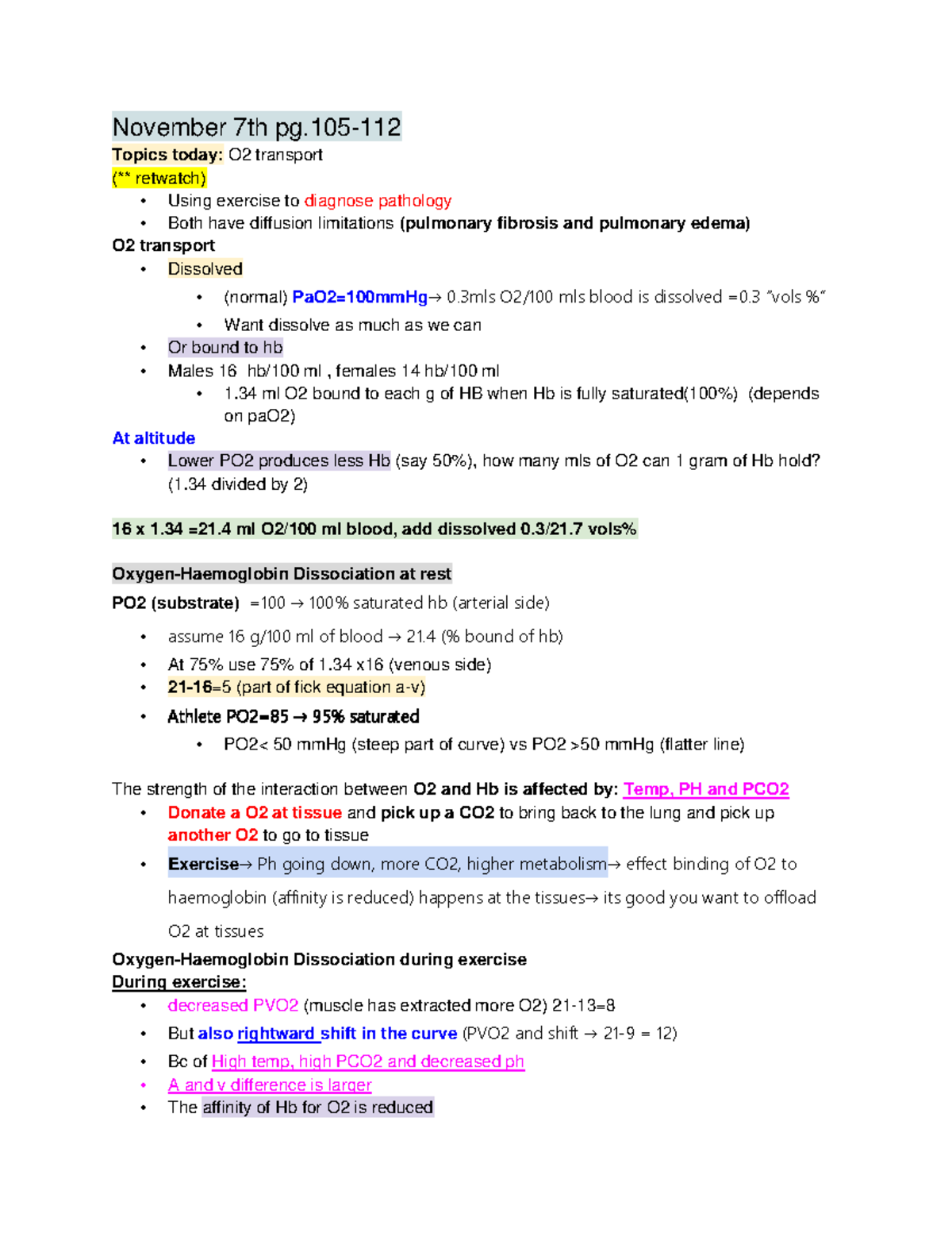 O2 transport Human Notes - November 7th pg- Topics today: O2 transport ...
