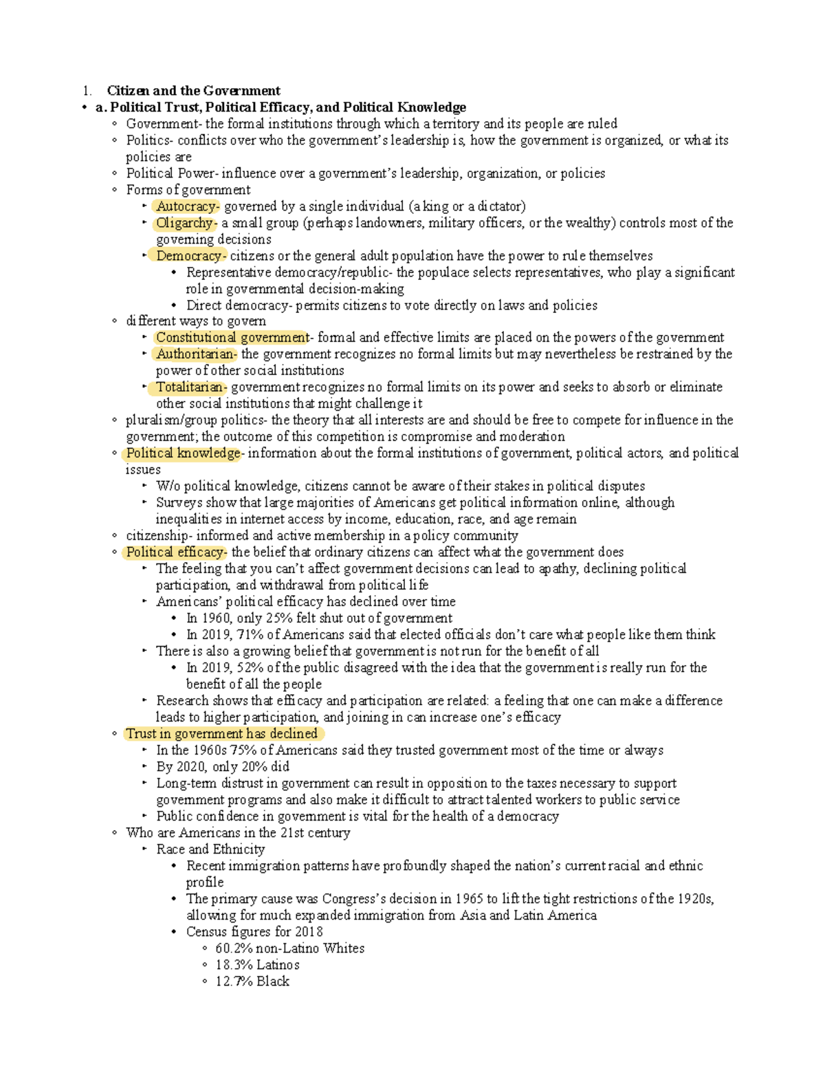 POLS 1101 Midterm Review - Citizen and the Government a. Political ...