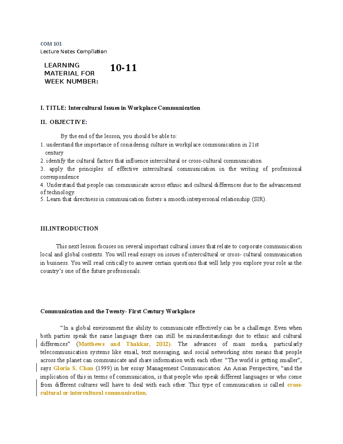 LNC COM 101 WK 10-11- Intercurltual Communication - COM 101 Lecture ...