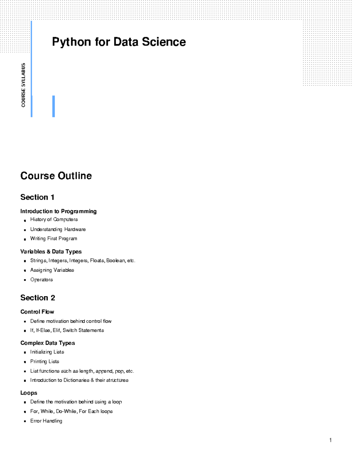 Python for data science bootcamp syllabus - Course Outline COURSE ...