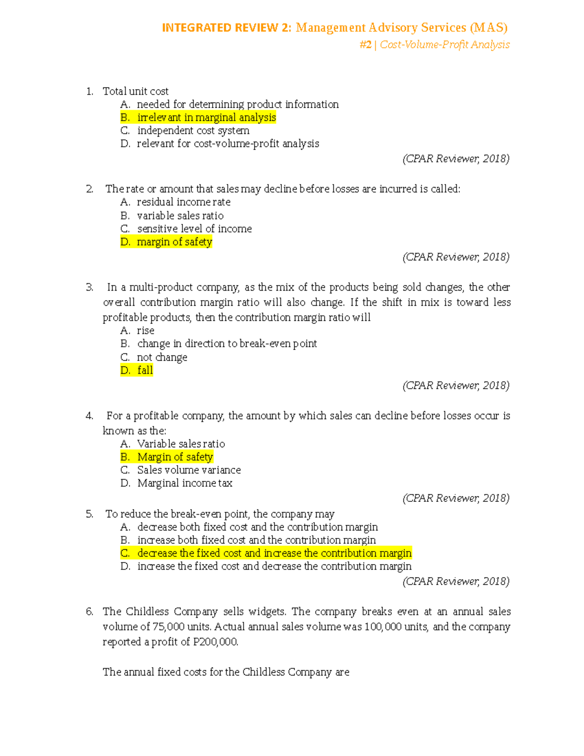 Cost accounting - INTEGRATED REVIEW 2: Management Advisory Services ...
