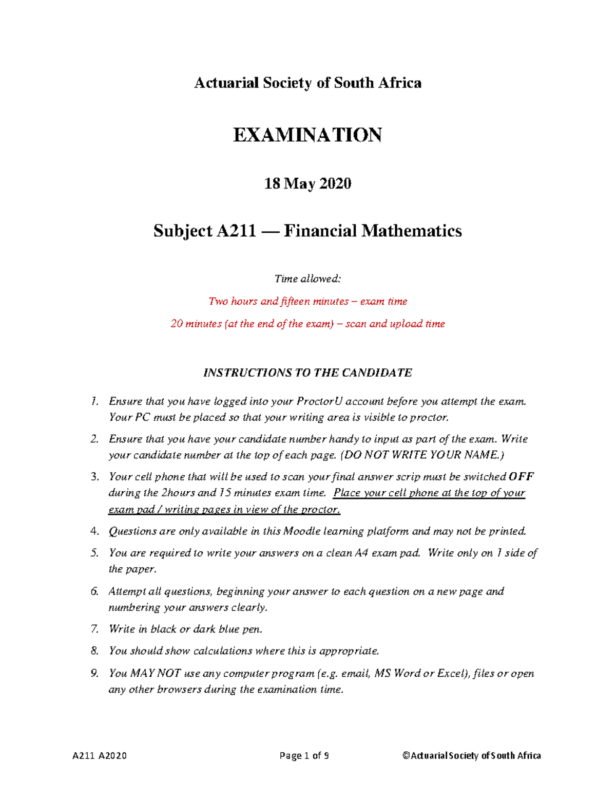 A211 April 2020 exam - Practical past exam papers - Actuarial Society ...