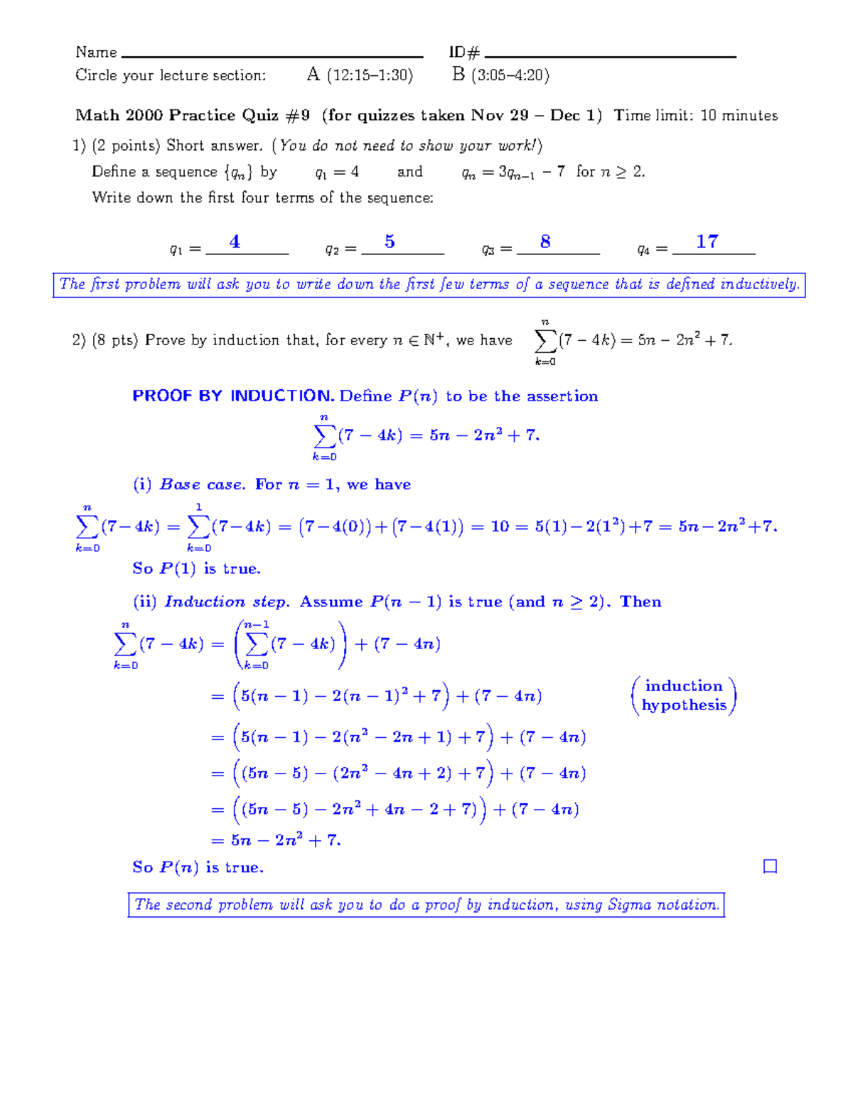 Practice-quiz9-soln - Quiz 9 Practice - Name Circle Your Lecture ...