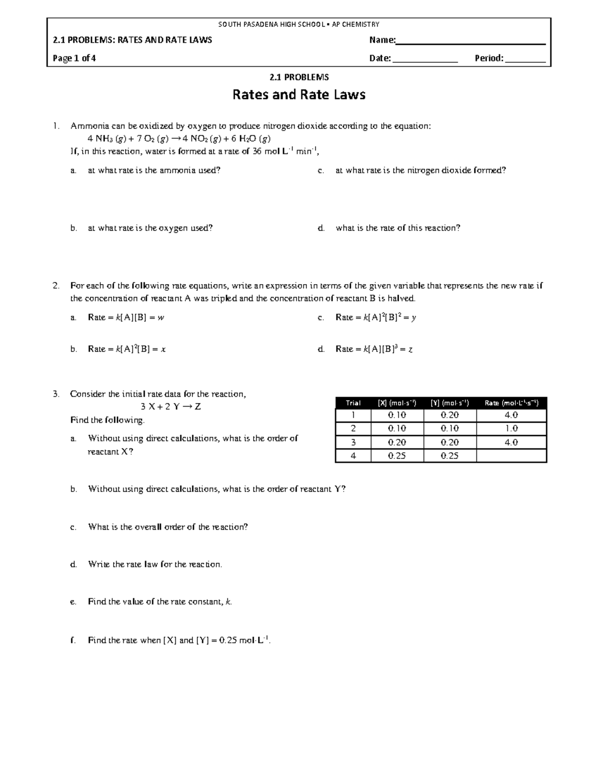 Kinetics, rate and rate laws - 2 PROBLEMS: RATES AND RATE LAWS Name ...