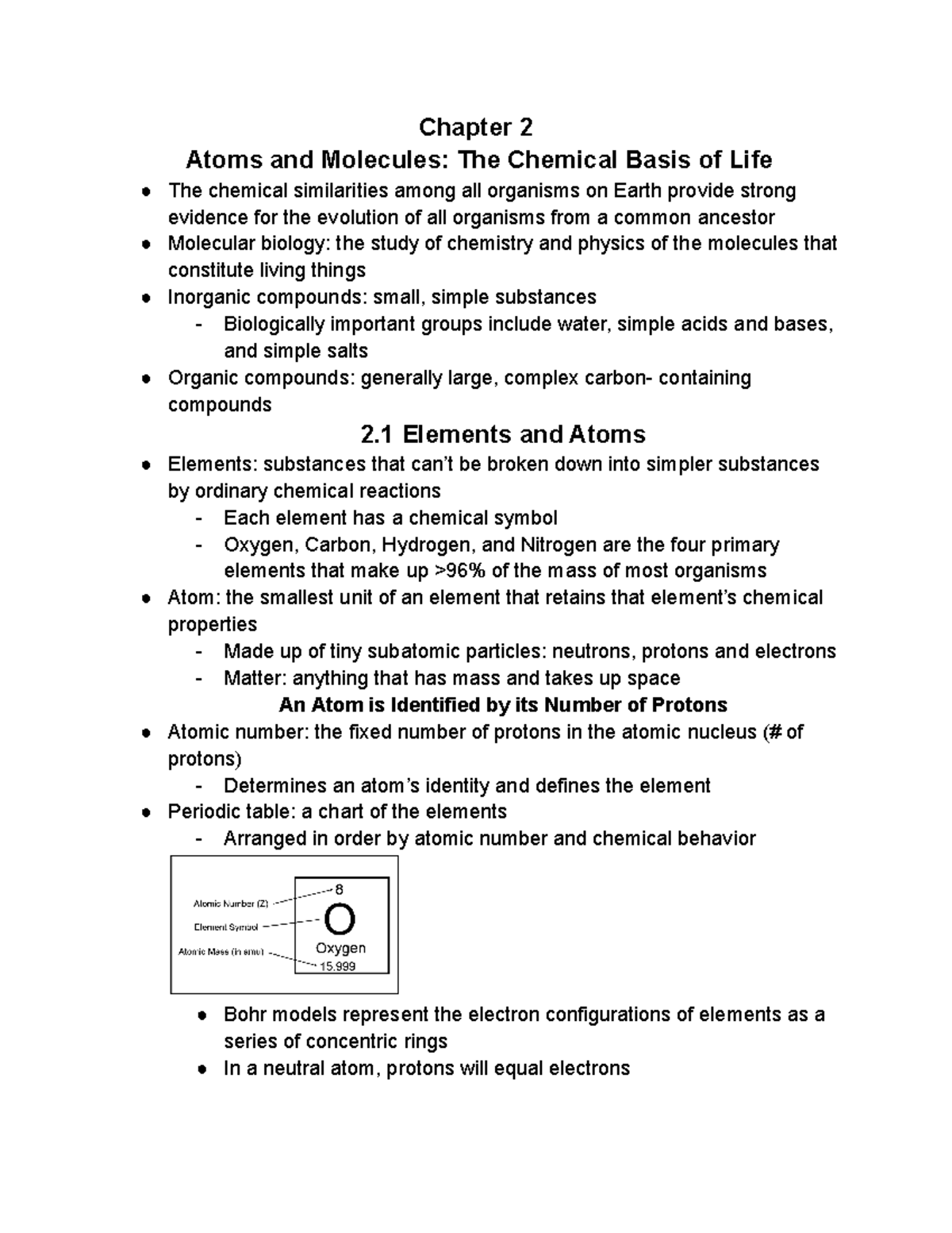 Chapter 2 And 3 - Chapter 2 Atoms And Molecules: The Chemical Basis Of ...