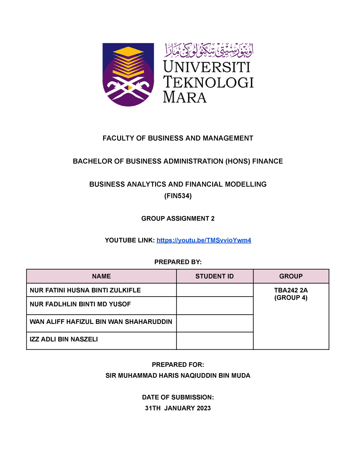 Report FIN534 - FACULTY OF BUSINESS AND MANAGEMENT BACHELOR OF BUSINESS ...