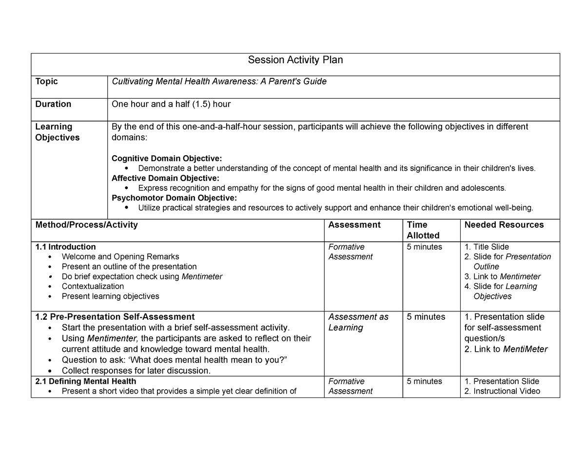 Session Activity Plan Mental Health Awareness - Session Activity Plan ...