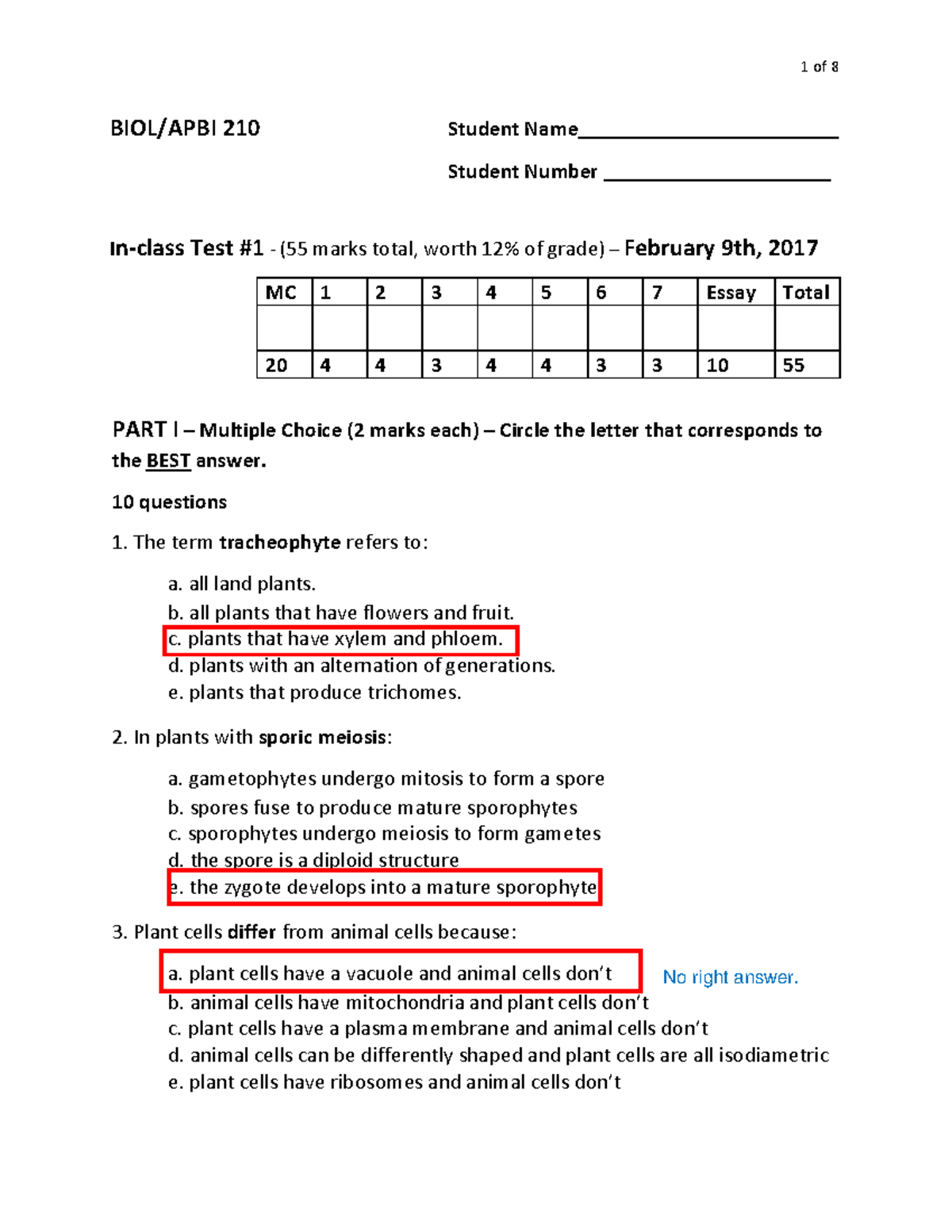 210 Test 1 Key-2 - practice midterm key - BIOL/APBI 210 Student Name