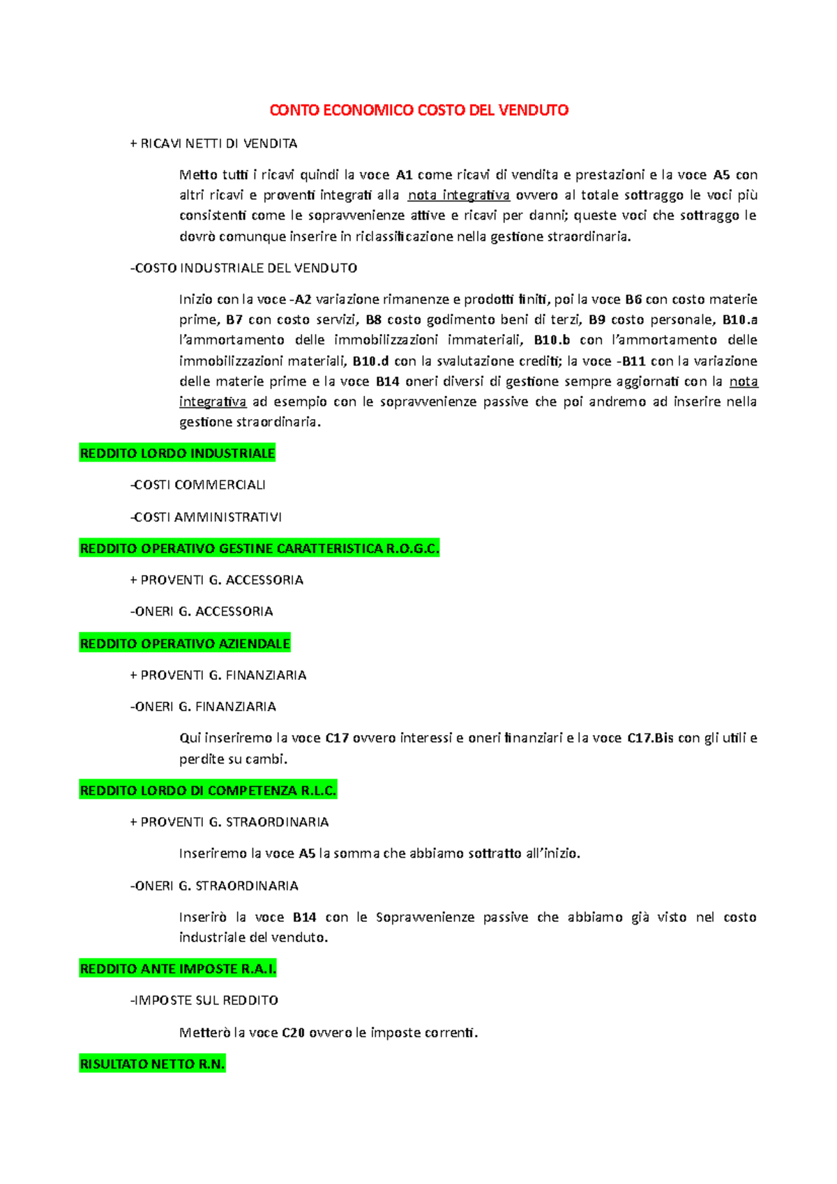 Schema Riclassificazione - CONTO ECONOMICO COSTO DEL VENDUTO + RICAVI ...