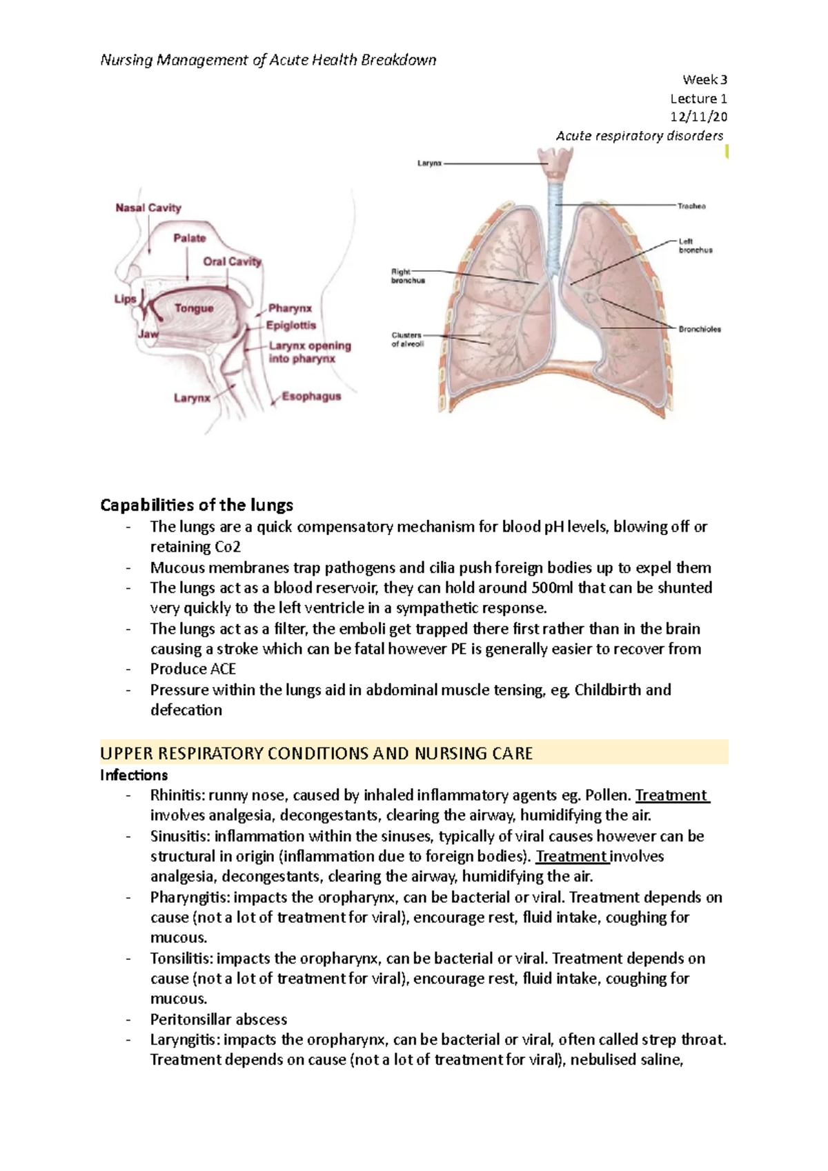 Week 3, Lecture 1 - Week 3 Lecture 1 12/11/ Acute respiratory disorders ...