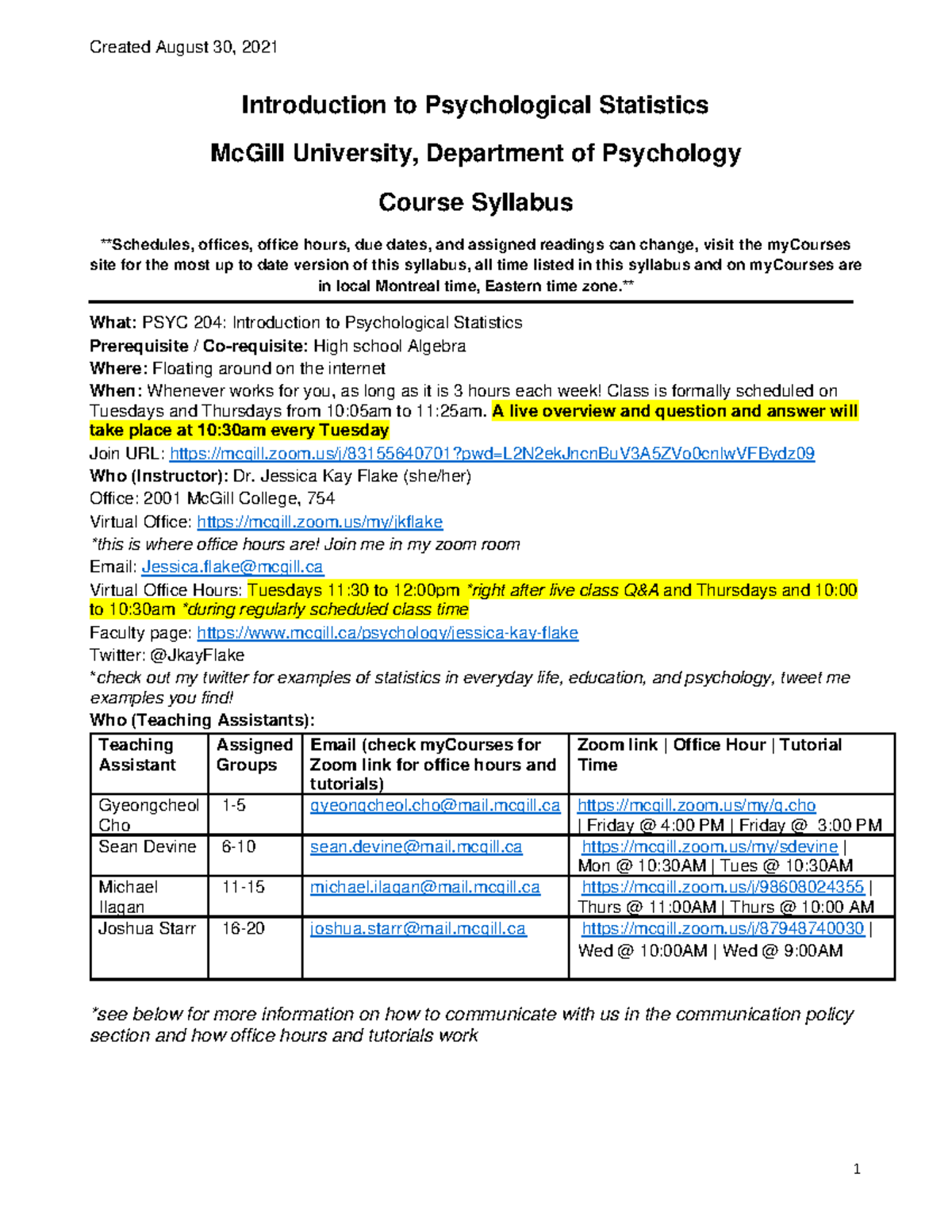 PSYC 204 Syllabus For The Class - Psyc 204 - McGill - Studocu