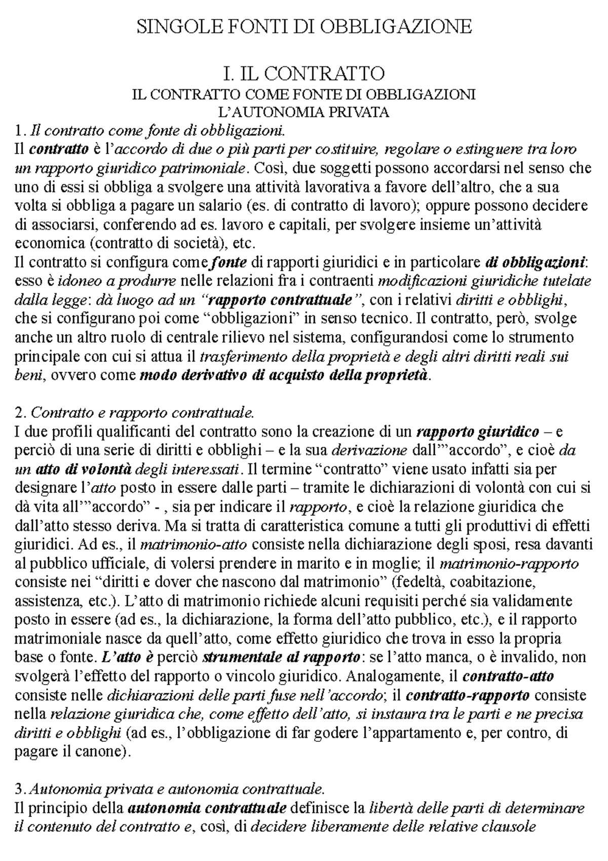 4. Il Contratto - SINGOLE FONTI DI OBBLIGAZIONE I. IL CONTRATTO IL ...