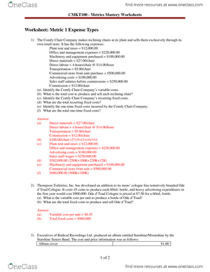 Practical Metrics 1 Through 7 Answers Cmkt 100 Ryerson