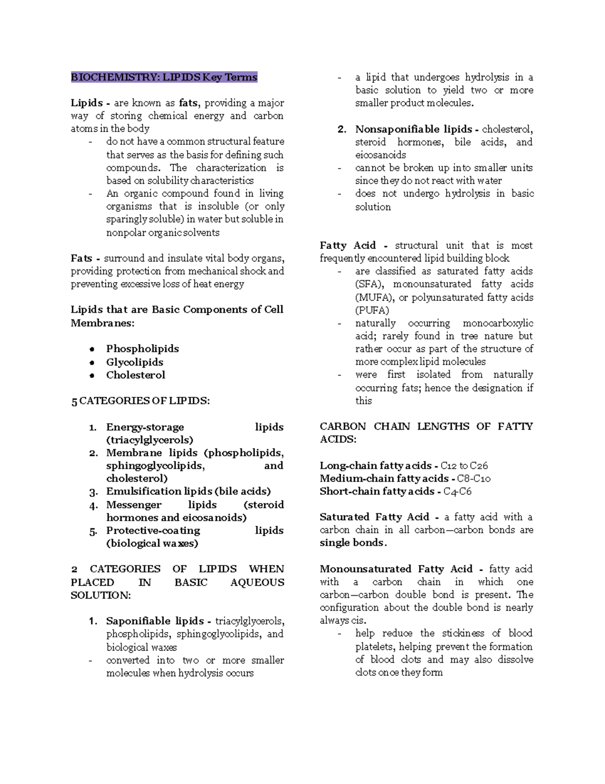 Lipids - bicochem - BIOCHEMISTRY: LIPIDS Key Terms Lipids - are known ...
