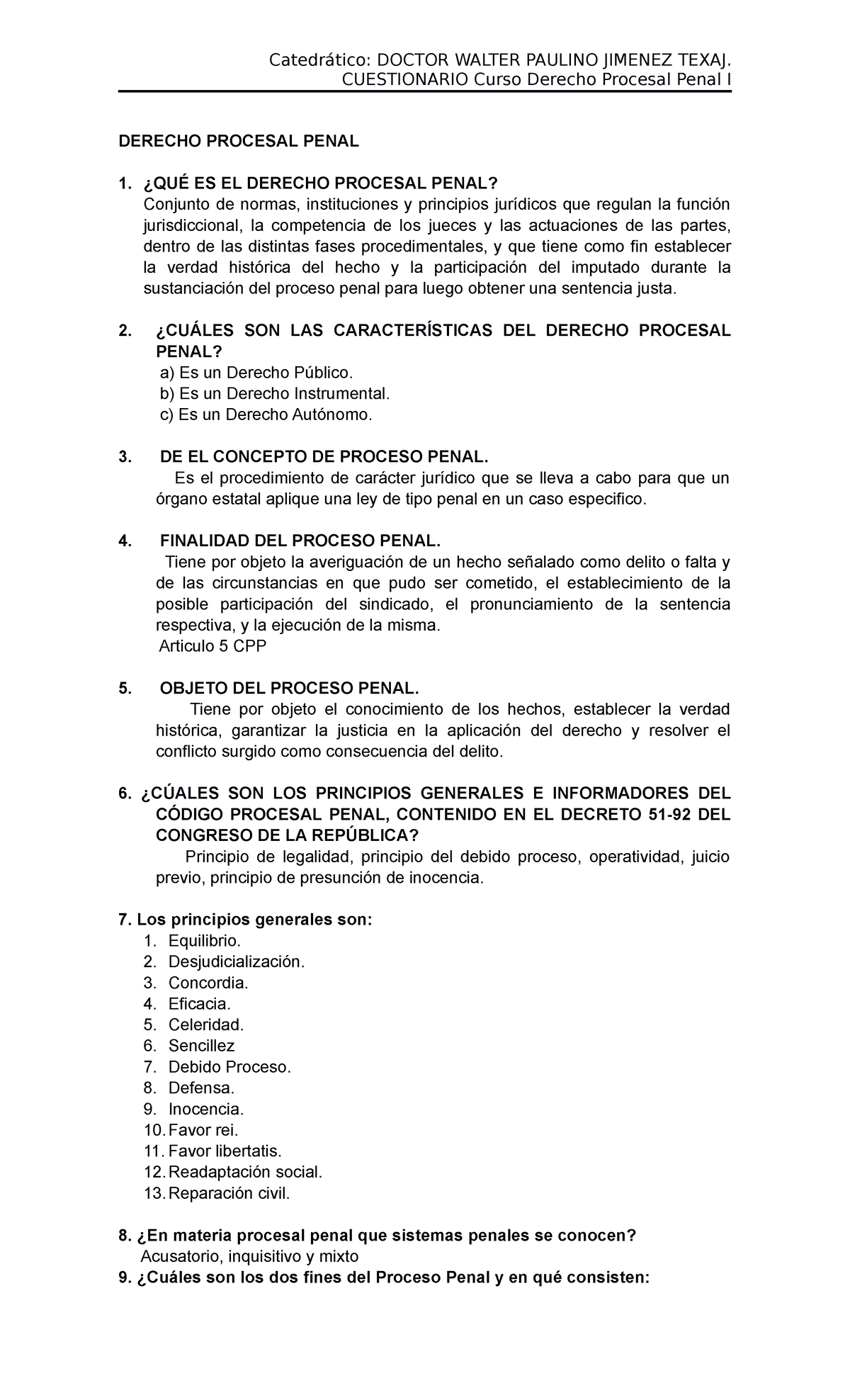 Cuestionario De Derecho Procesal Penal - Derecho Procesal Penal - USAC ...