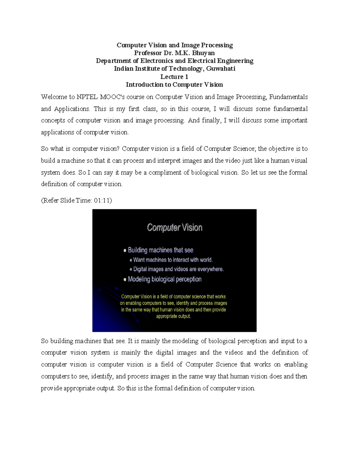 Computer Vision Unit 1 - Computer Vision and Image Processing Professor ...