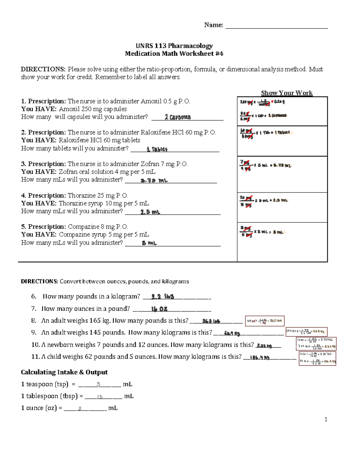 UNRS 113 Medication Math Worksheet 4 Name