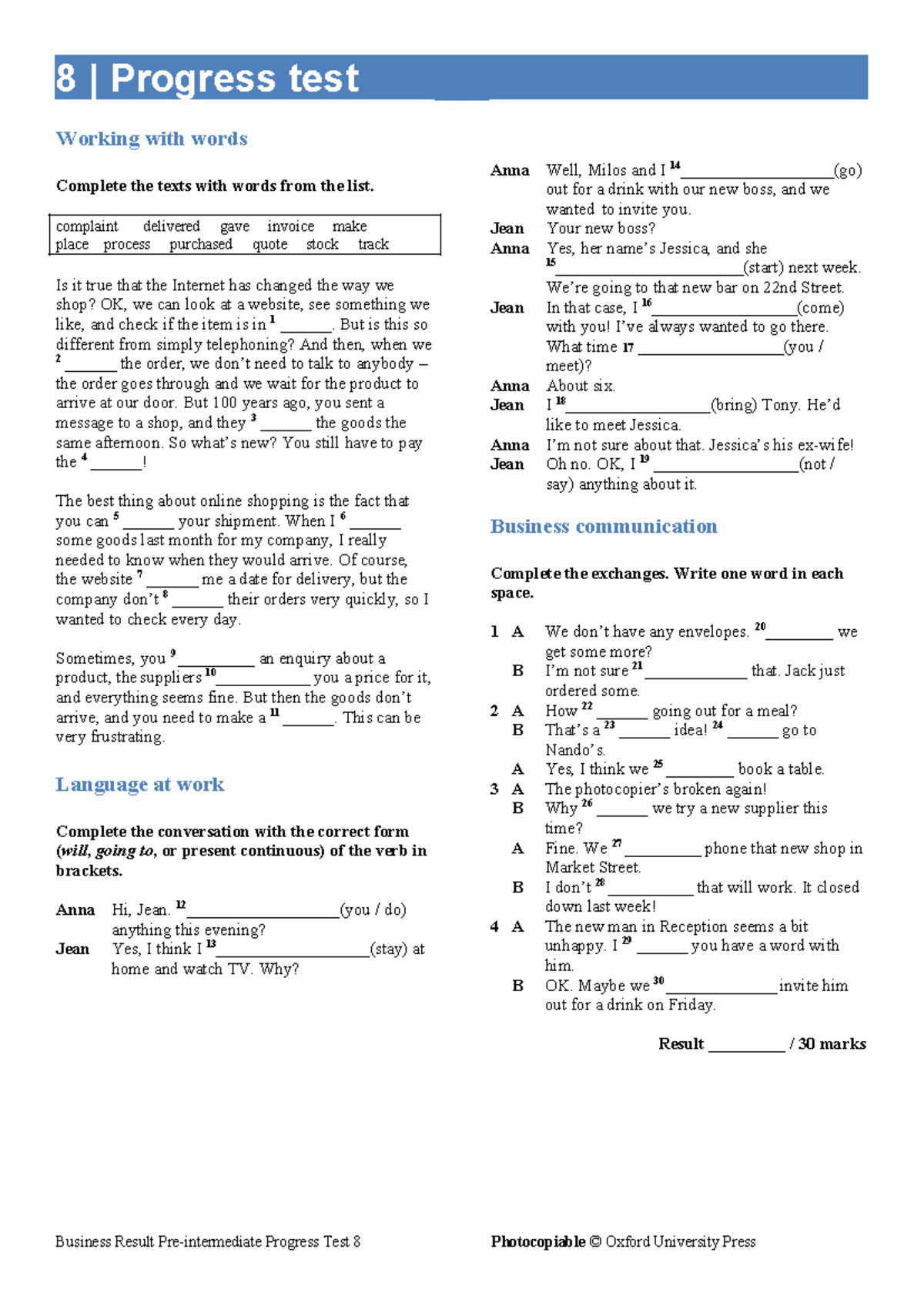 Brpreintprogresstest 8jp - 8 | Progress test Working with words ...
