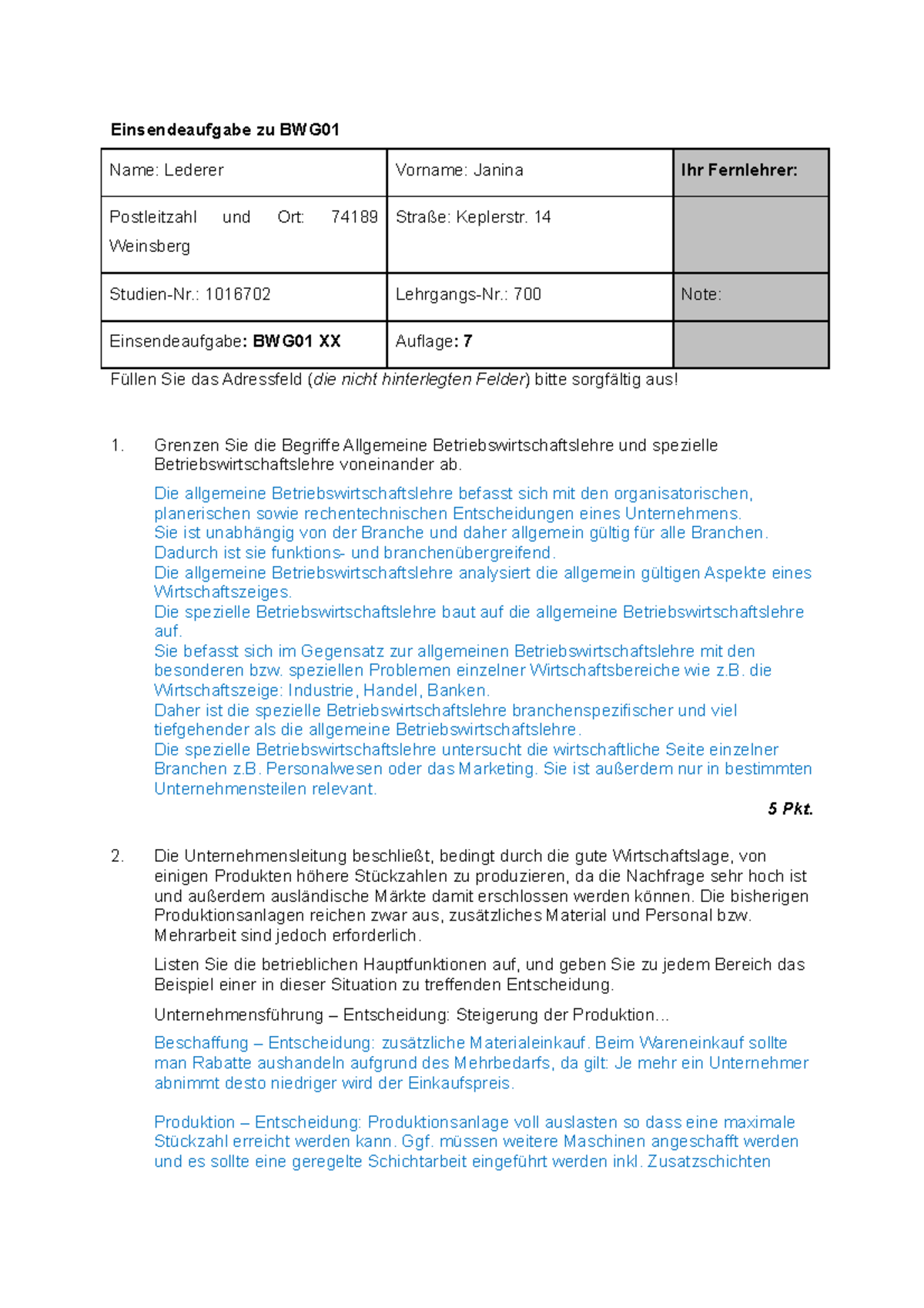 Betriebswirtschaftliche Grundlagen Einsendeaufgabe 01_XX7 Gut ...