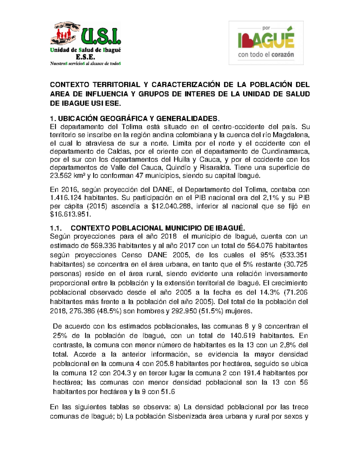 Caracterizaciòn Población Municipio DE Ibague - CONTEXTO TERRITORIAL Y  CARACTERIZACIÓN DE LA - Studocu