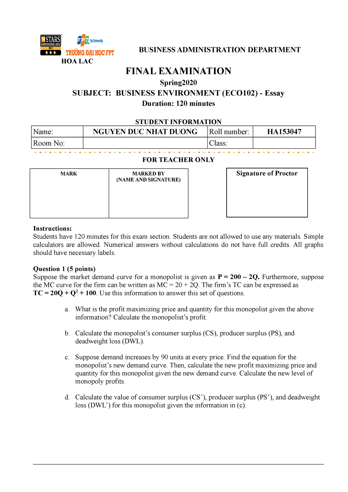 Nguyễn Đức Nhật Dương HA153047 ECO102 Spring 2020 Progress Test Nguyen ...