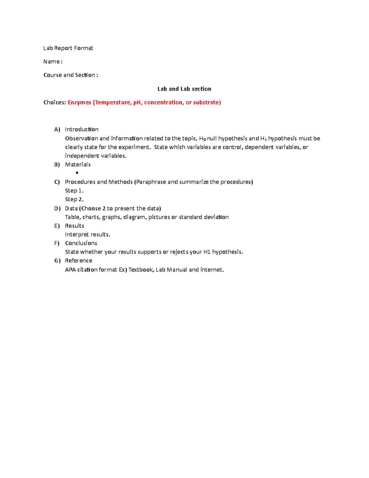 Lab Report Format 2 enzymes reaction Lab Report Format Name