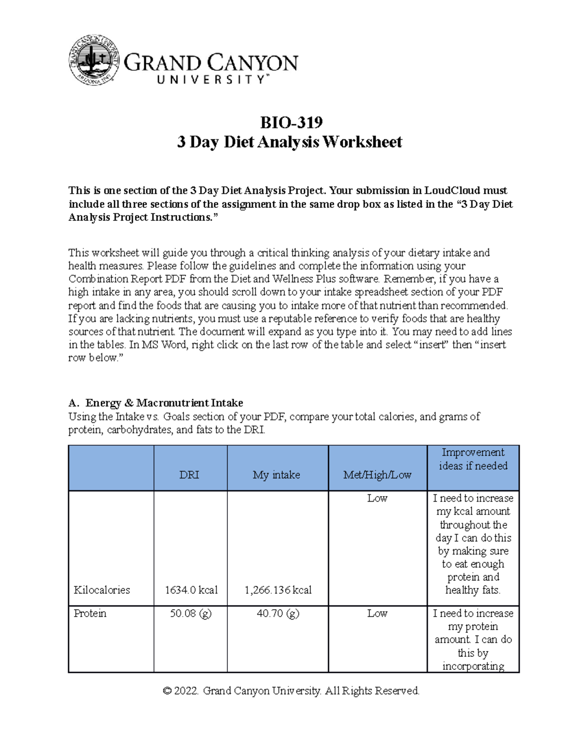 3 Day Diet Analysis Wk Sheet BIO 3 Day Diet Analysis Worksheet This