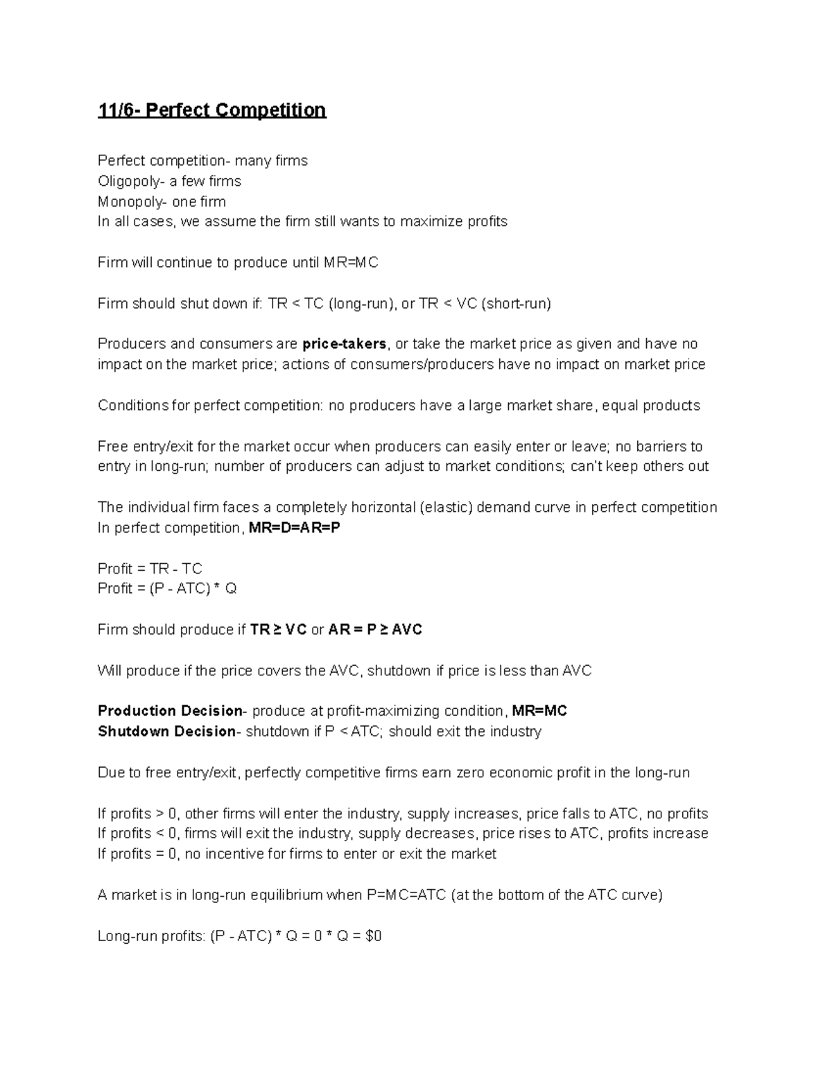 Condensed Econ 101 Notes Third Midterm - 11/6- Perfect Competition ...