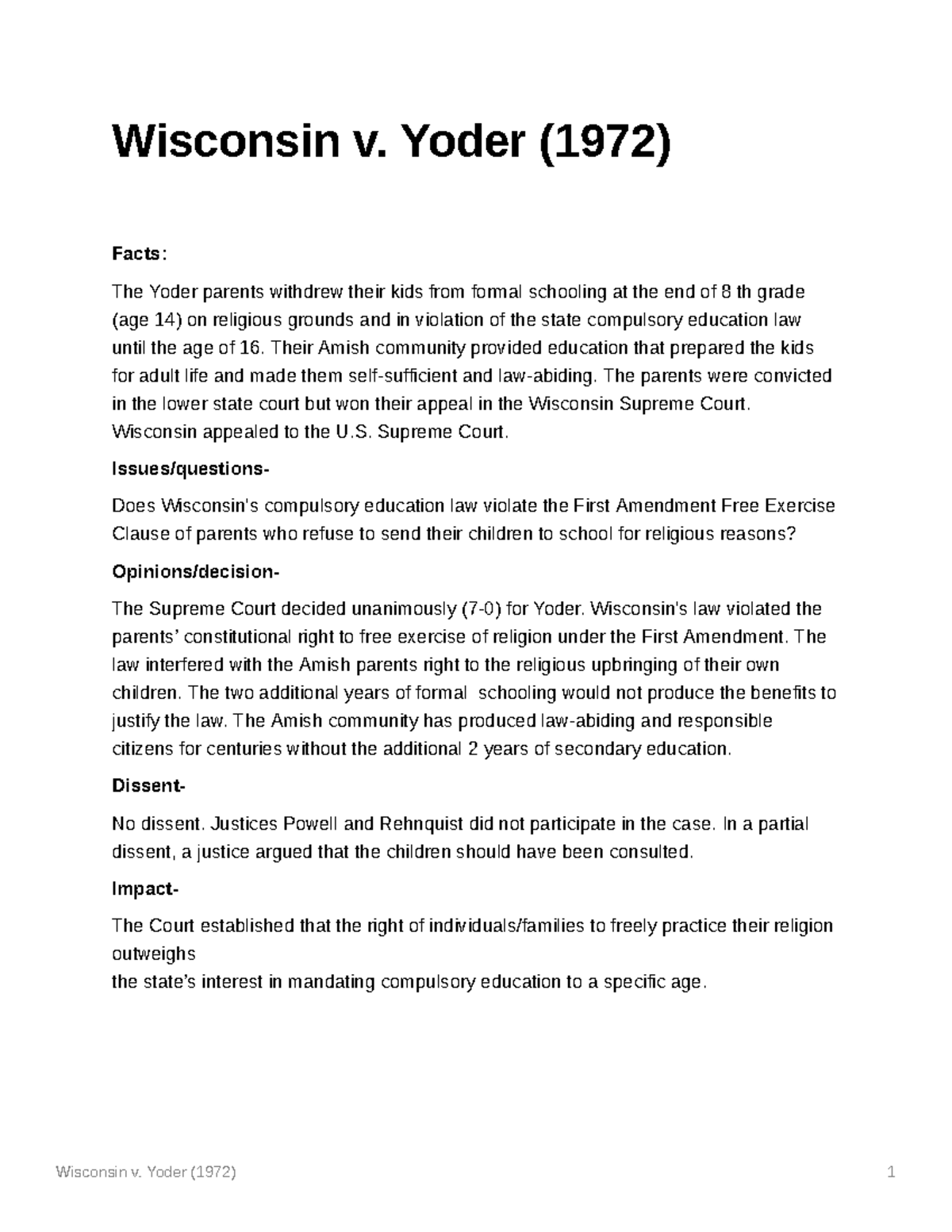 Wisconsin v Study Guide Wisconsin v. Yoder (1972) 1 Wisconsin v