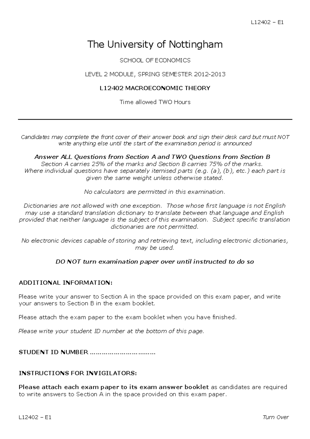 Exam 2013 Questions The University Of Nottingham SCHOOL OF ECONOMICS