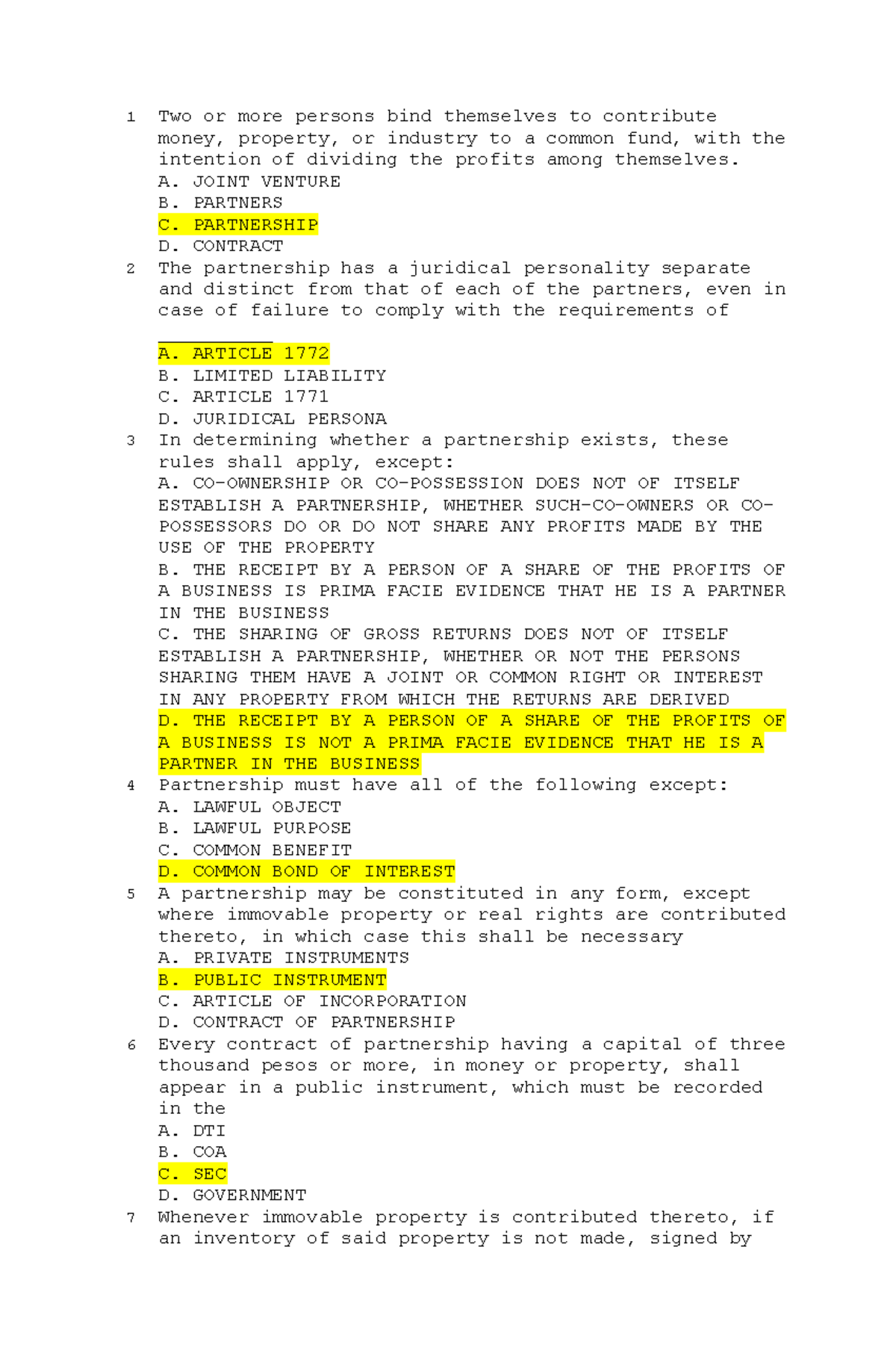 LAW2-MCQS- Partnership - 1 Two or more persons bind themselves to ...