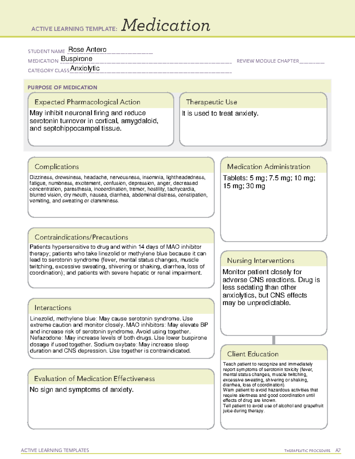 Buspirone1 Meds ACTIVE LEARNING TEMPLATES THERAPEUTIC PROCEDURE A