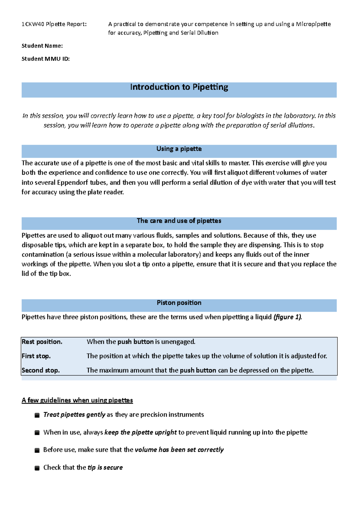 Pipetting activity 2 practical lab 1CKW40 Pipe,e Report A