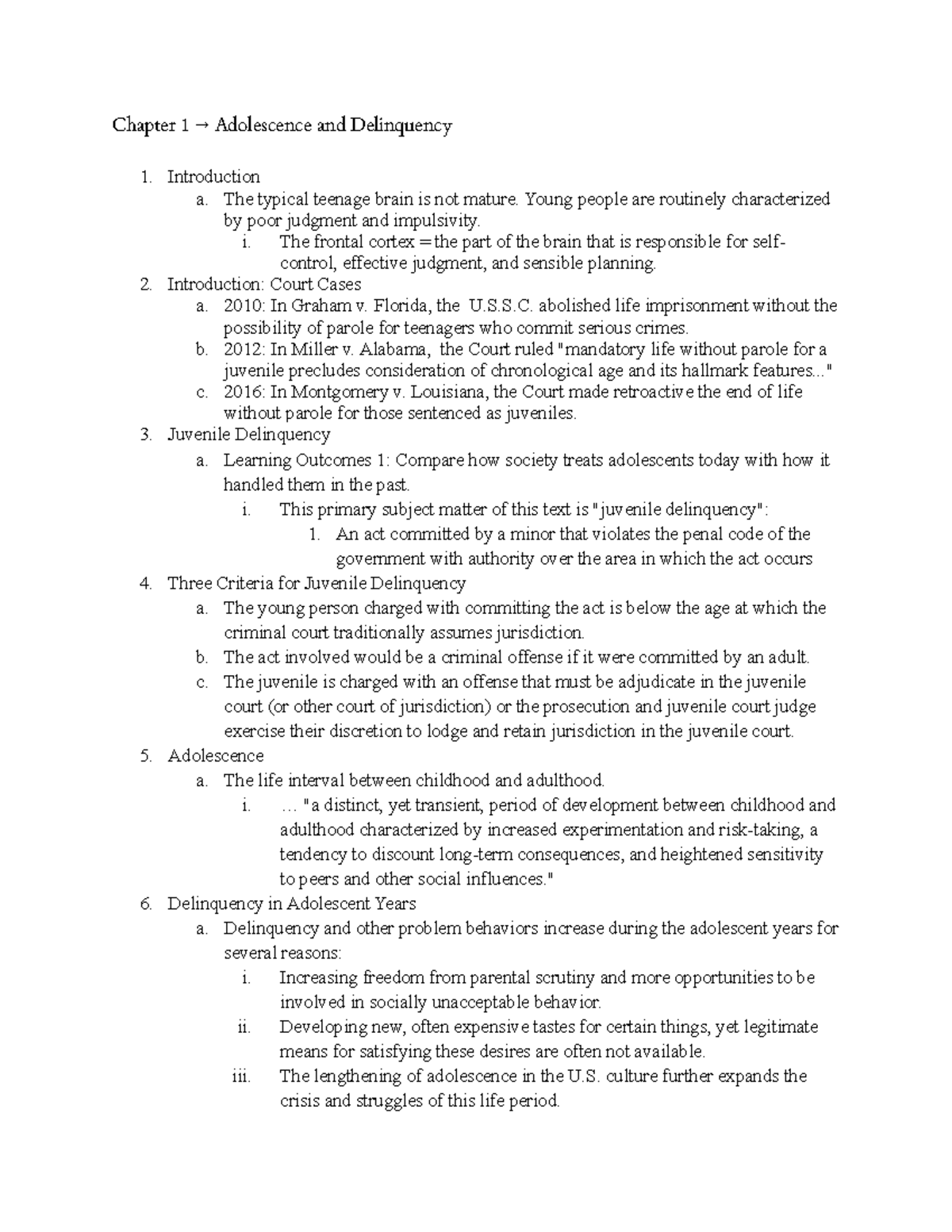 Chapter 1 - class notes - Chapter 1 → Adolescence and Delinquency ...