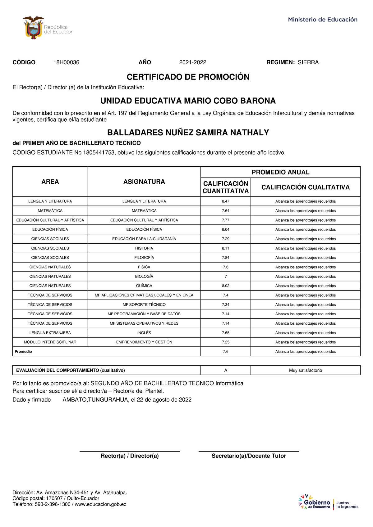 Certificados Promocion CÓdigo 18h00036 AÑo 2021 2022 Regimen Sierra Certificado De PromociÓn 1919