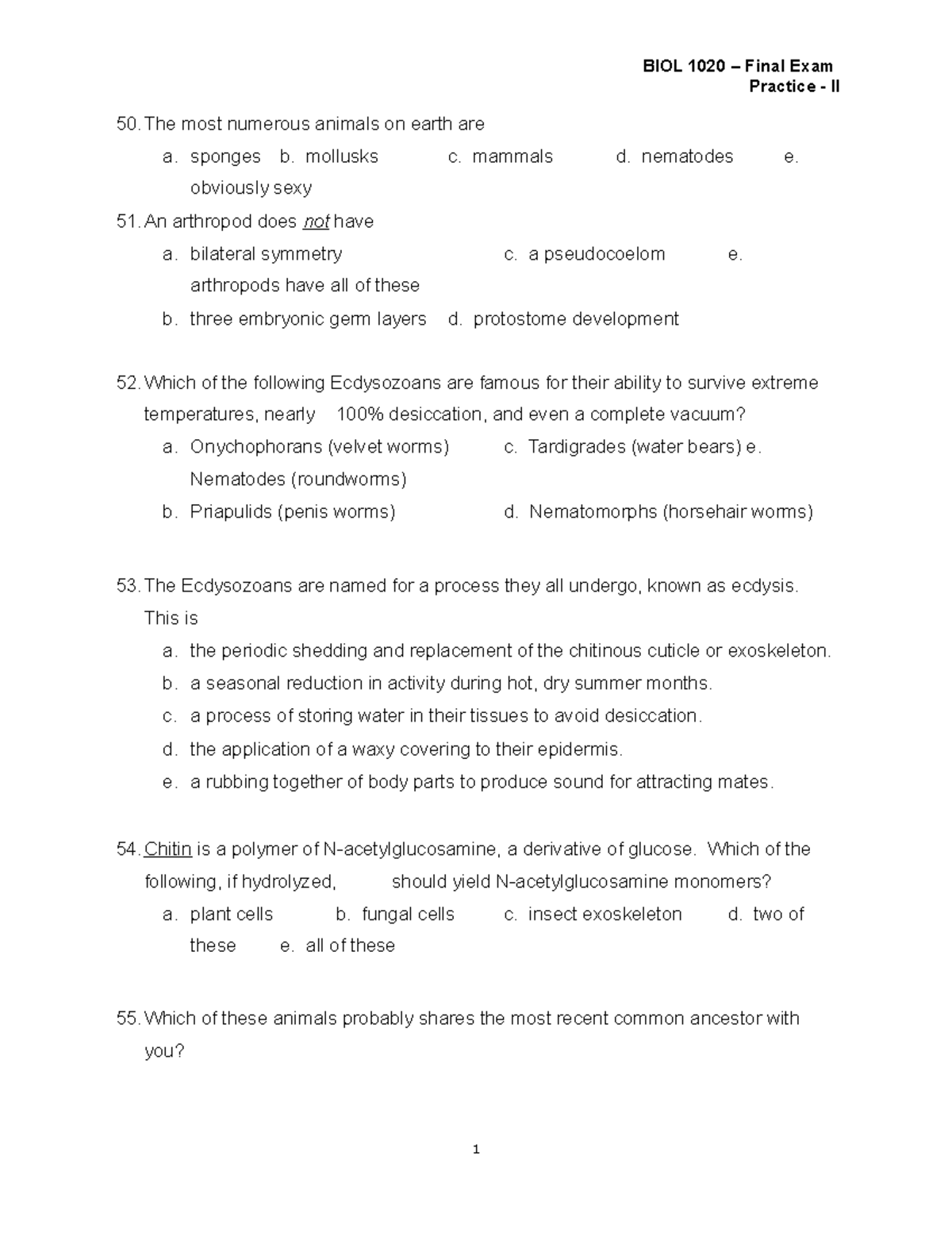 2021 BIOL1010 EVOL AND Diversity Final Exam Test Practice II - Practice ...