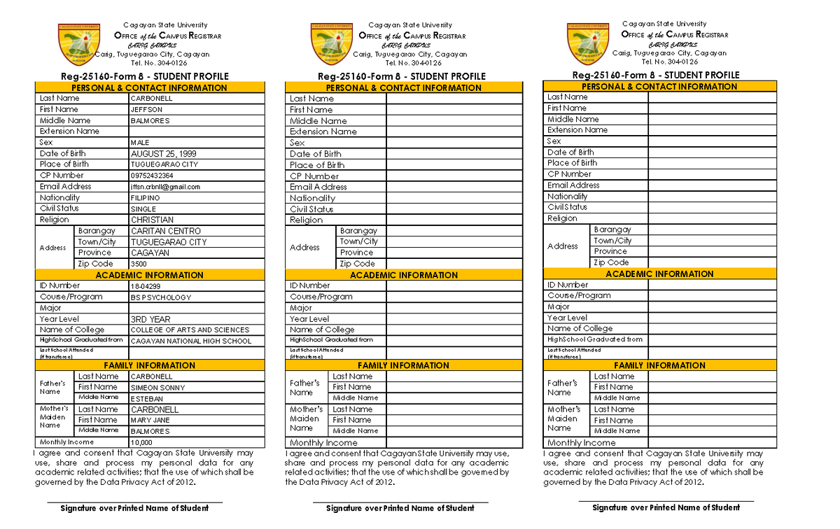 Form 8 Student Profile Student Contract - Cagayan State University O ...