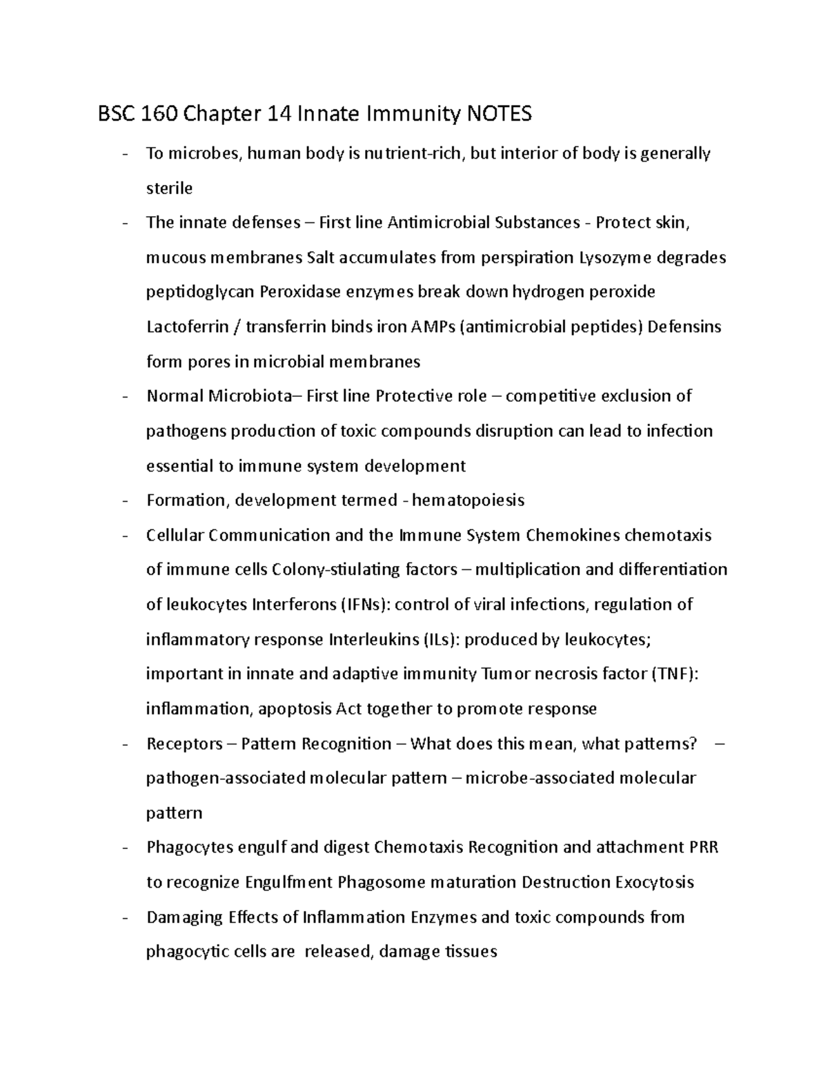 BSC 160 Chapter 14 Innate Immunity Notes - BSC 160 Chapter 14 Innate ...