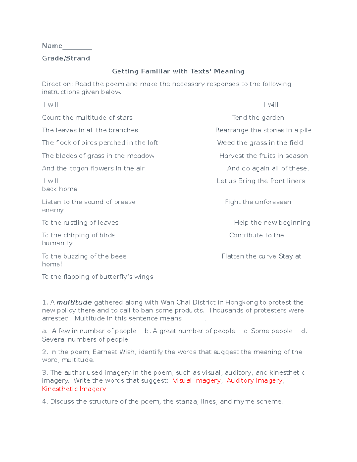 Activity 2 context and text meaning - Name_________ Grade/Strand ...