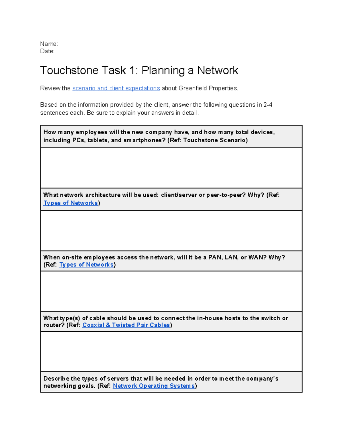 Touchstone Task 1 Planning a Network Infrastructure Questions - Name ...