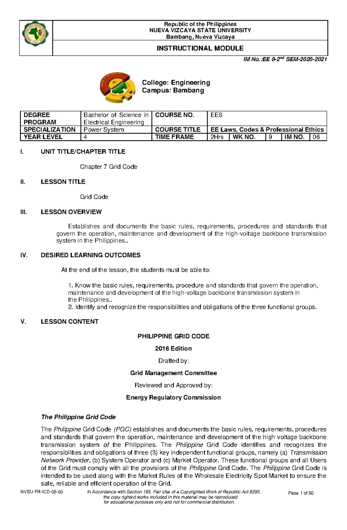 Electrical engineering laws NUEVA VIZCAYA STATE UNIVERSITY Bambang