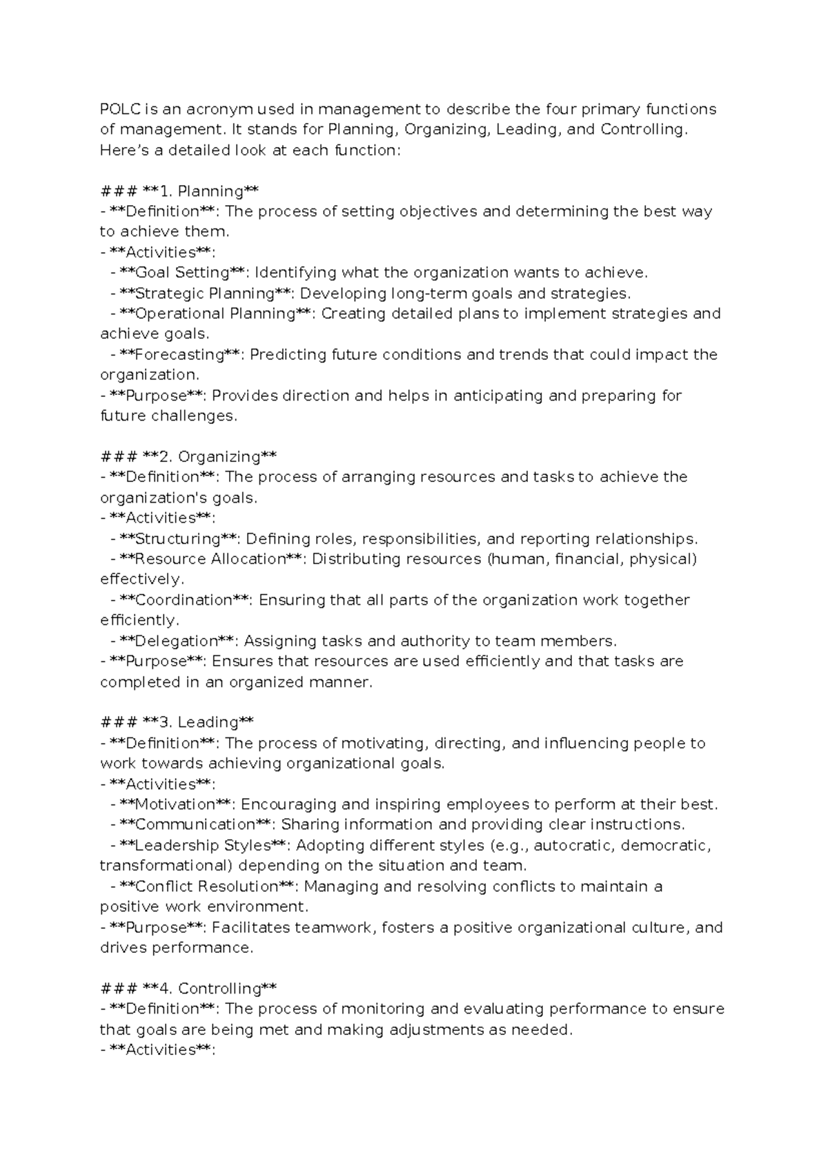 POLC lecture note DESCRIPTION POLC is an acronym used in management