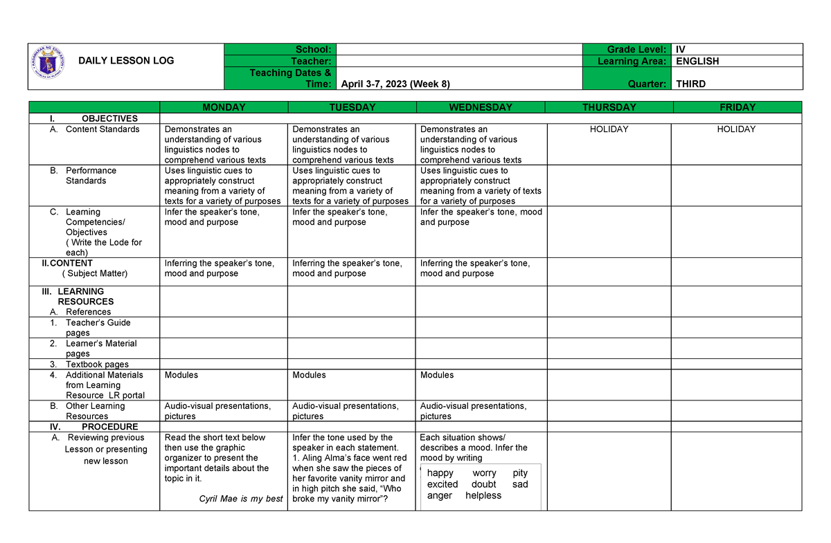 English 4 W8 - For elememtary - DAILY LESSON LOG School: Grade Level ...