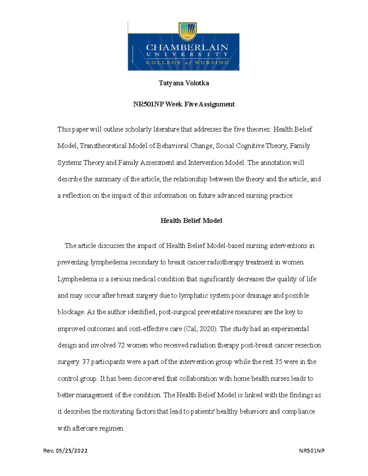 NR501NP Week 5 Assignment Template 09 22 - Tatyana Volotka NR501NP Week ...