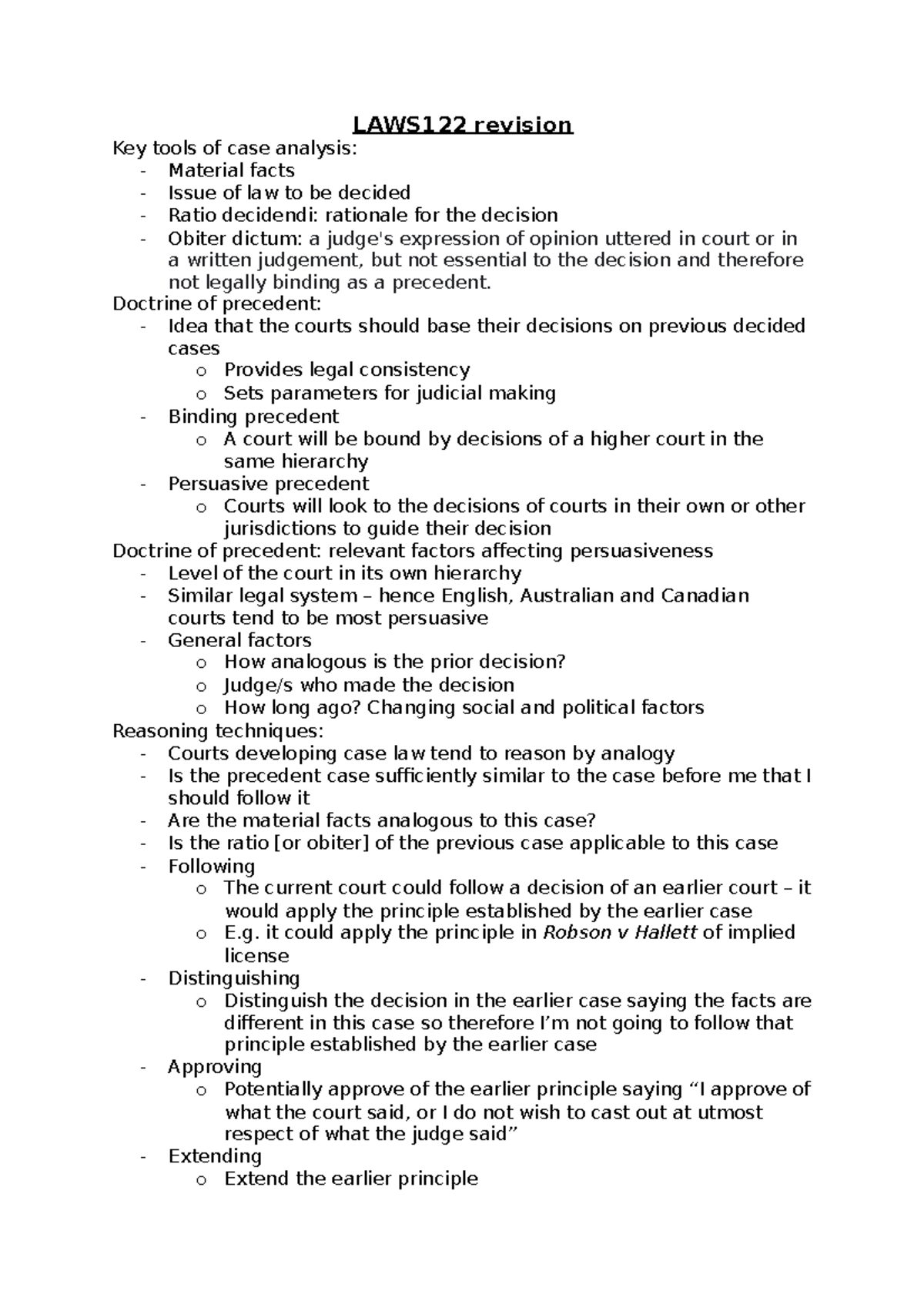 LAWS122 revision copy Introduction to Case Law Victoria University