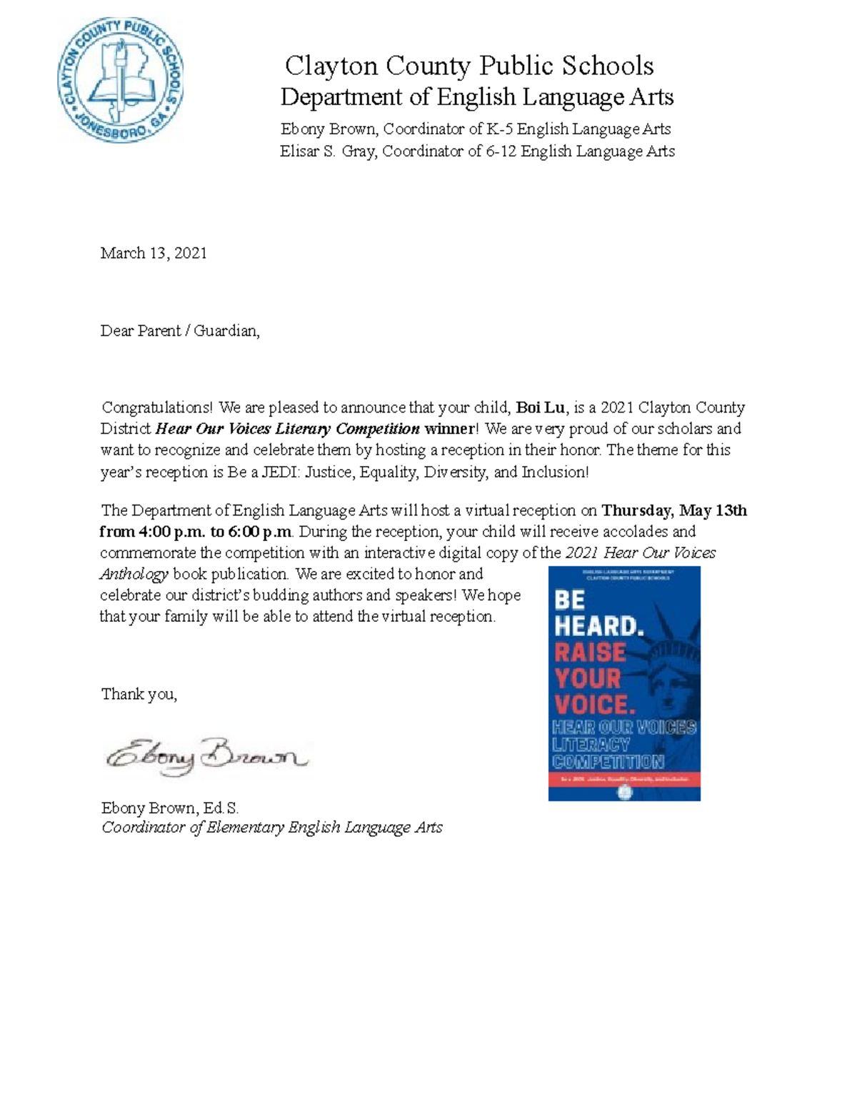 Boi Lu HOV Winners' Parent Letter 2021 - Clayton County Public Schools ...