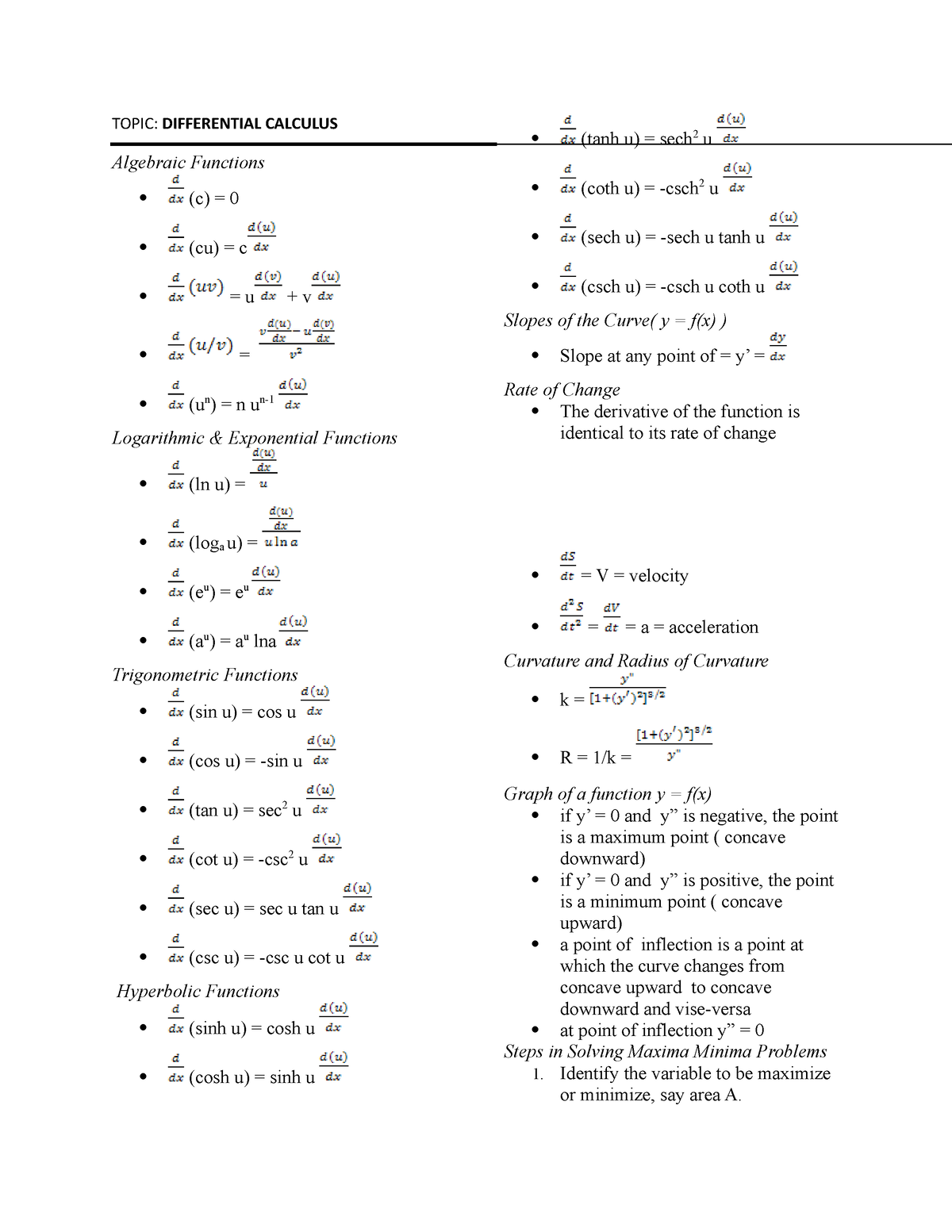 Diffcal - Math - TOPIC: DIFFERENTIAL CALCULUS Algebraic Functions (c ...