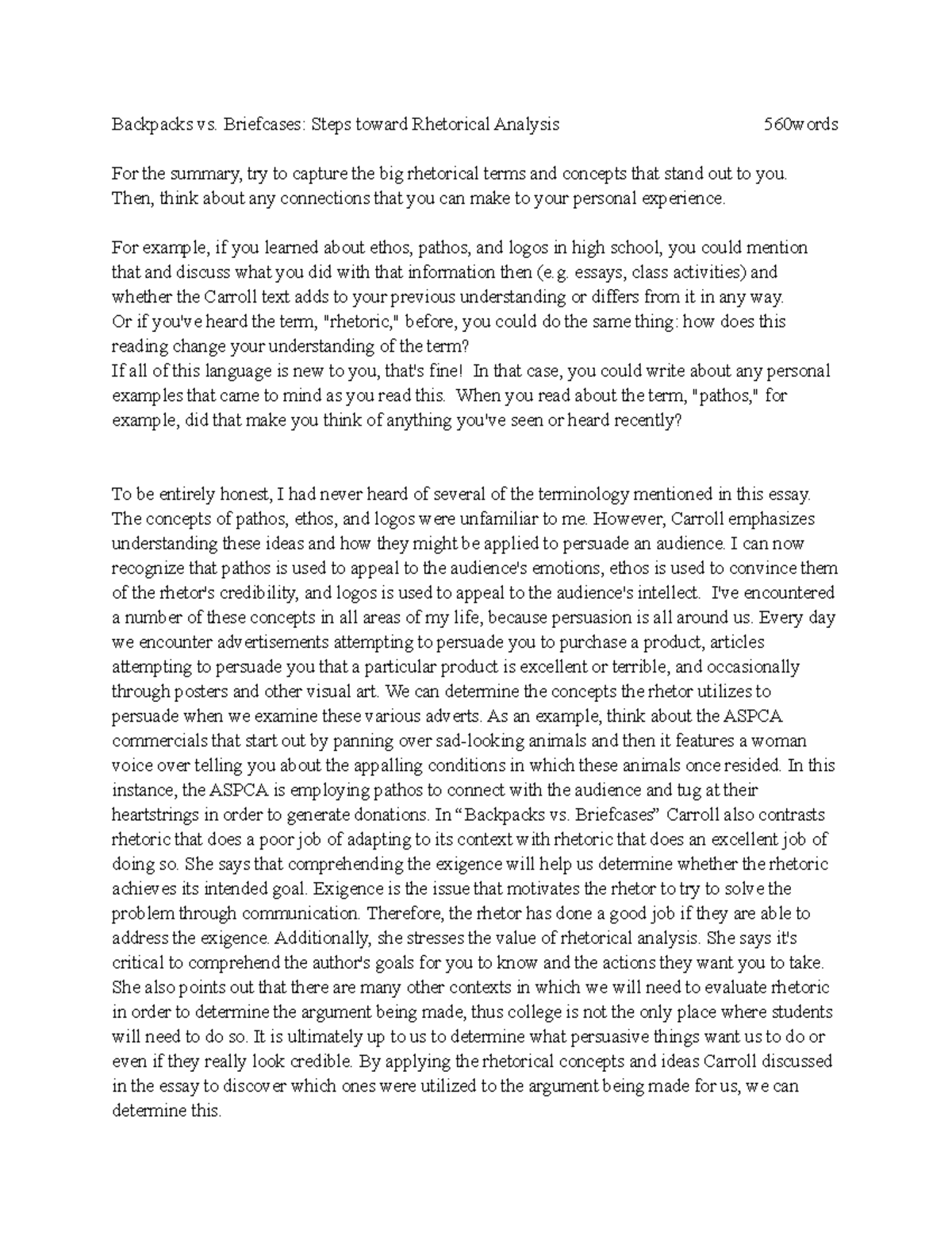 Backpacks vs. Briefcases Steps toward Rhetorical Analysis Summary