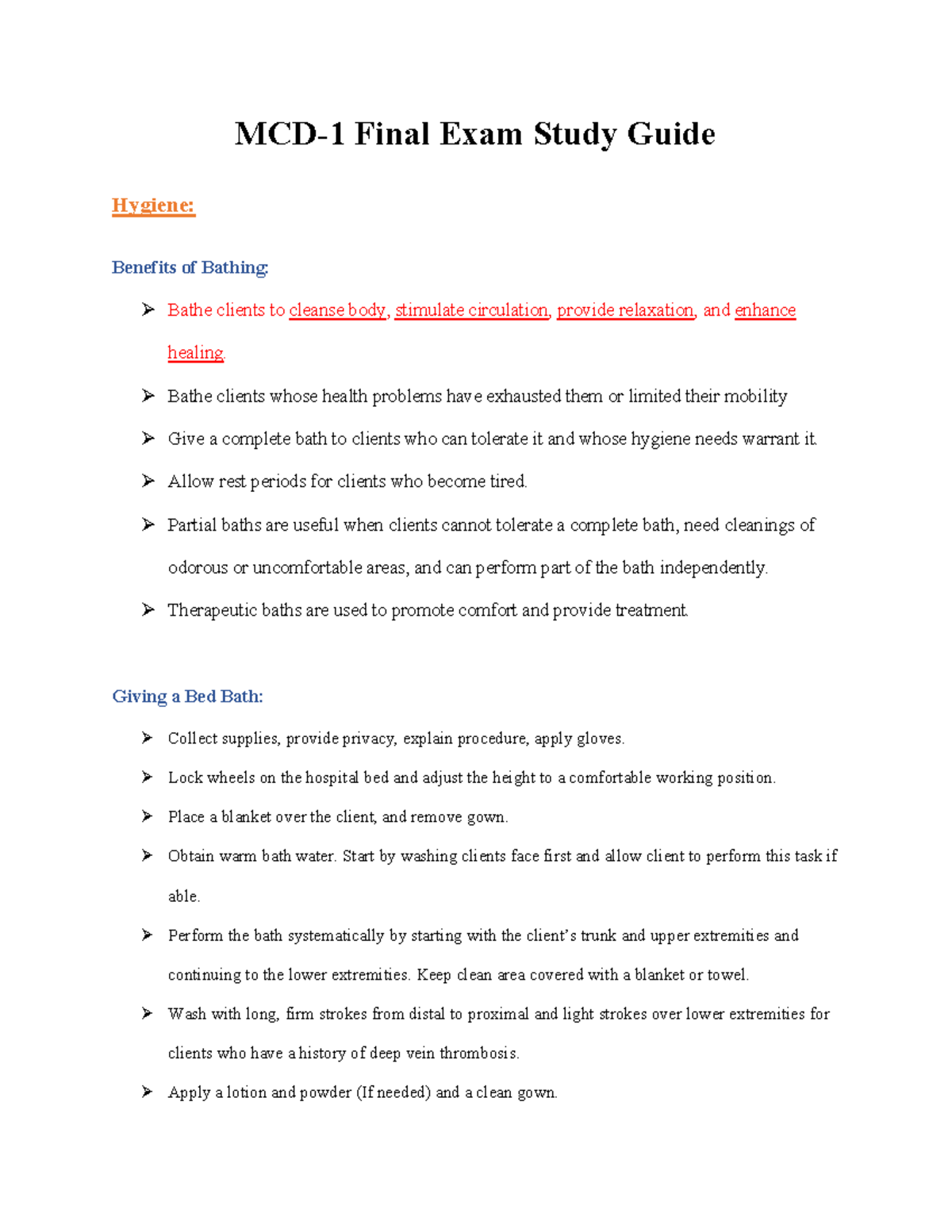 MCD 1 Final Study Guide 1 - MCD-1 Final Exam Study Guide Hygiene ...